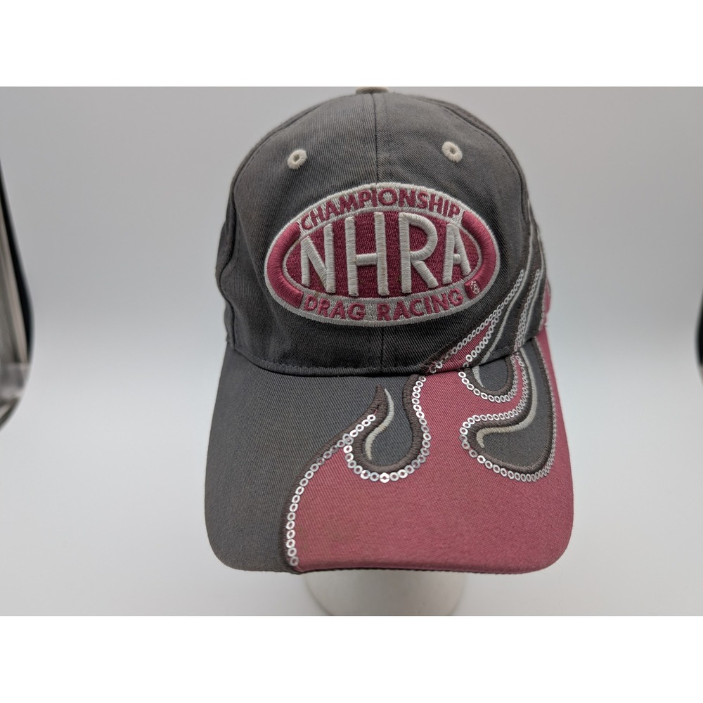 NHRA Championship Drag Racing Hat Womens Gray Pink Sequin Flame Baseball Cap